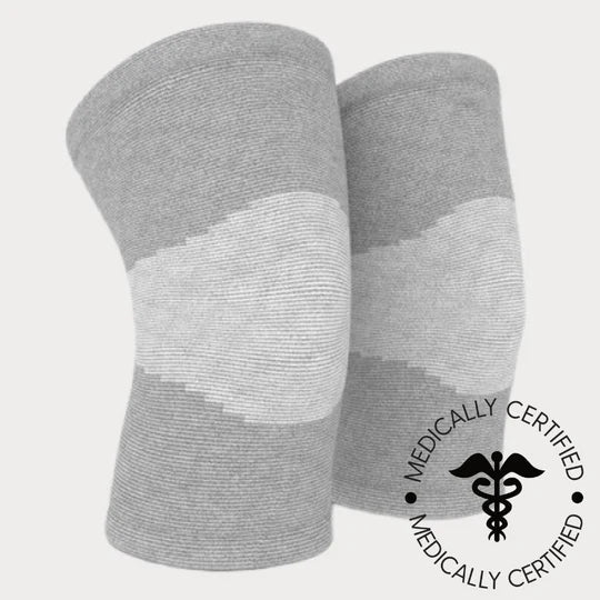 Gray knee sleeves on a white background with 'Medically Certified' label.