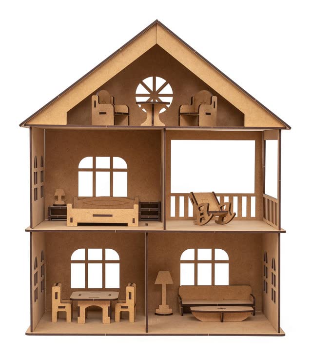 DIY Wooden Toy House with Furniture (Free Paint Set)