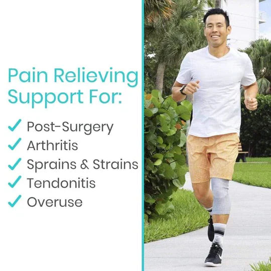 Man running with a knee brace, promoting pain relieving support for various conditions.