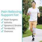 Man running with a knee brace, promoting pain relieving support for various conditions.