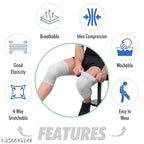 Knee brace with features listed on a white background