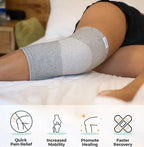 Person wearing a gray knee brace with icons and text about knee benefits on a white background